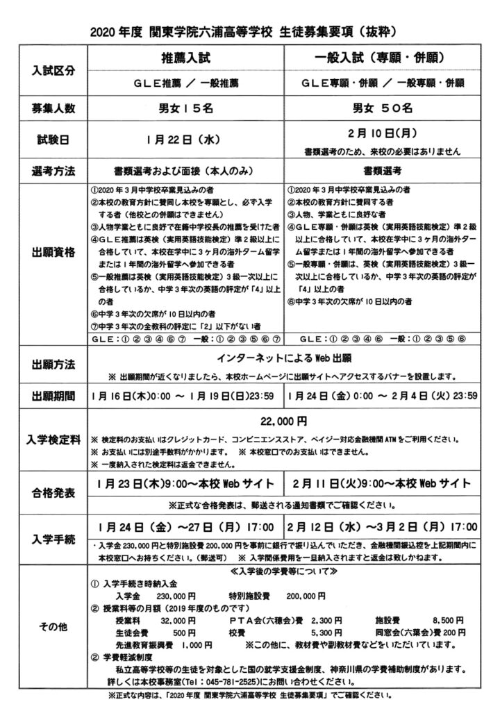 関東学院六浦 推薦 一般入試 専願 併願 基準内申点 カナガク